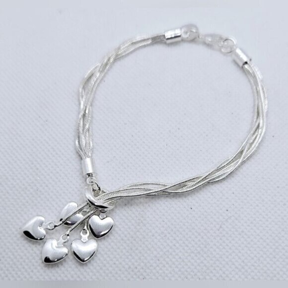 Sterling Silver 925 Multi Strand Bracelet w/ Heart Charms - Picture 4 of 9
